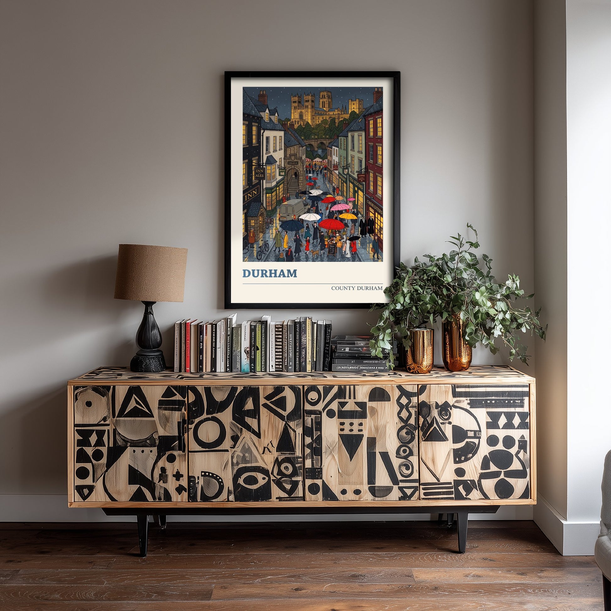 Durham City Travel Poster - Cathedral and Castle Art Print - Rainy Cobbled Street Folk Illustration - County Durham 2/3