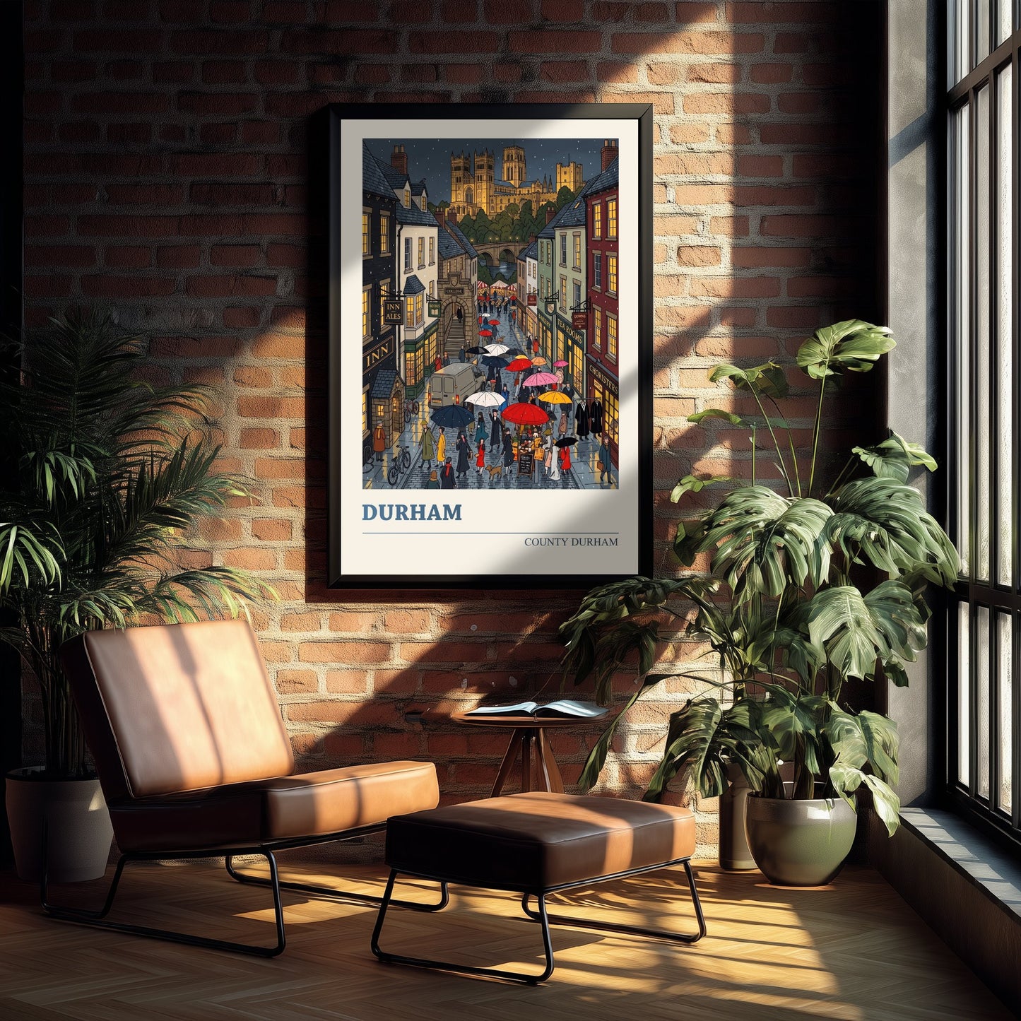Durham City Travel Poster - Cathedral and Castle Art Print - Rainy Cobbled Street Folk Illustration - County Durham 2/3
