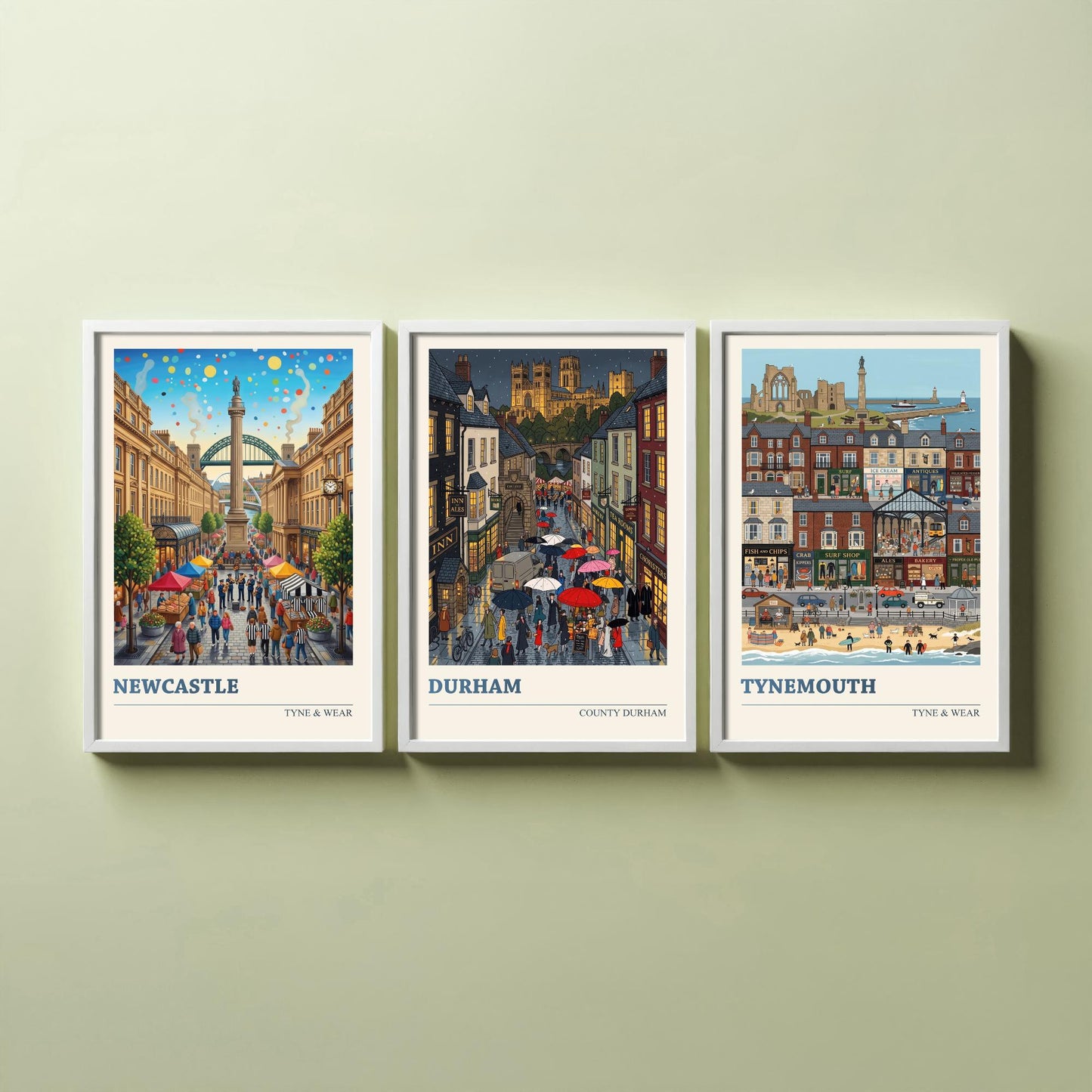 Northumbria Set of Three Art Prints - Newcastle, Durham, Tynemouth - 3 Colourful Folk Illustration Travel Posters - North East Painting