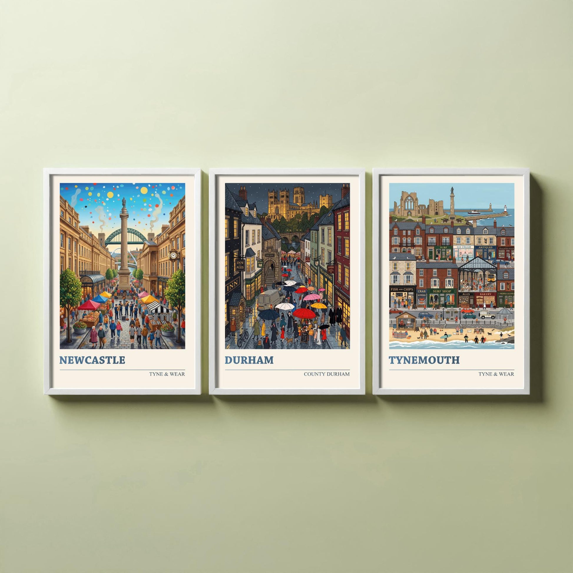Northumbria Set of Three Art Prints - Newcastle, Durham, Tynemouth - 3 Colourful Folk Illustration Travel Posters - North East Painting