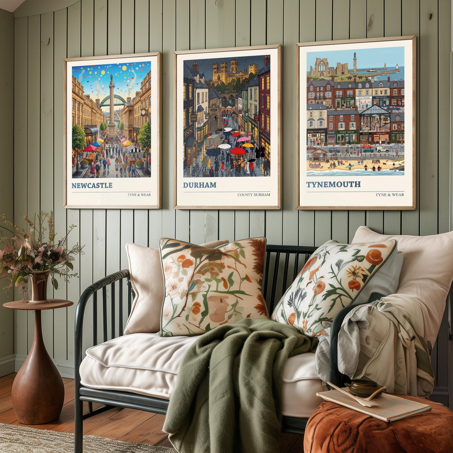 Northumbria Set of Three Art Prints - Newcastle, Durham, Tynemouth - 3 Colourful Folk Illustration Travel Posters - North East Painting