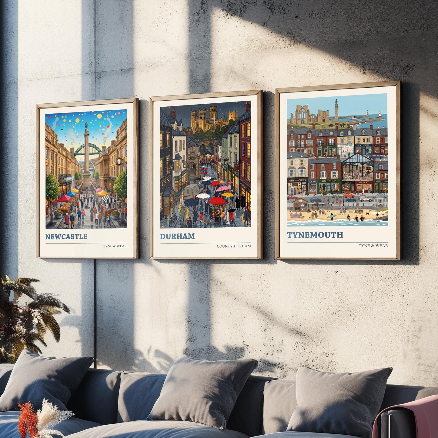 Northumbria Set of Three Art Prints - Newcastle, Durham, Tynemouth - 3 Colourful Folk Illustration Travel Posters - North East Painting