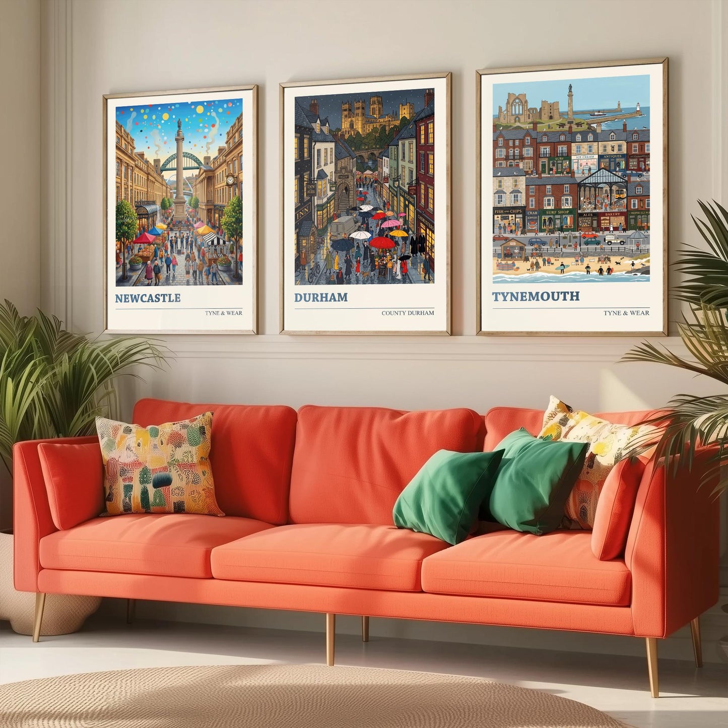 Northumbria Set of Three Art Prints - Newcastle, Durham, Tynemouth - 3 Colourful Folk Illustration Travel Posters - North East Painting