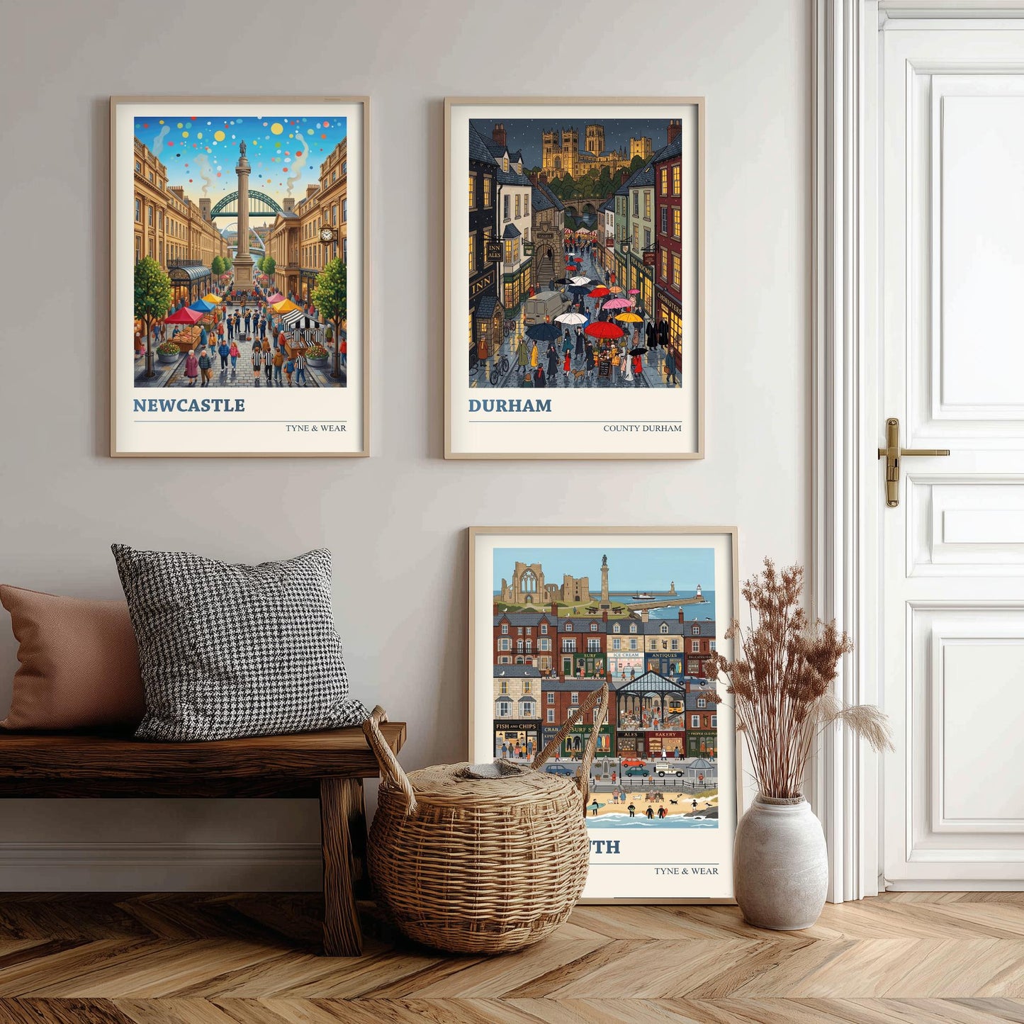 Northumbria Set of Three Art Prints - Newcastle, Durham, Tynemouth - 3 Colourful Folk Illustration Travel Posters - North East Painting