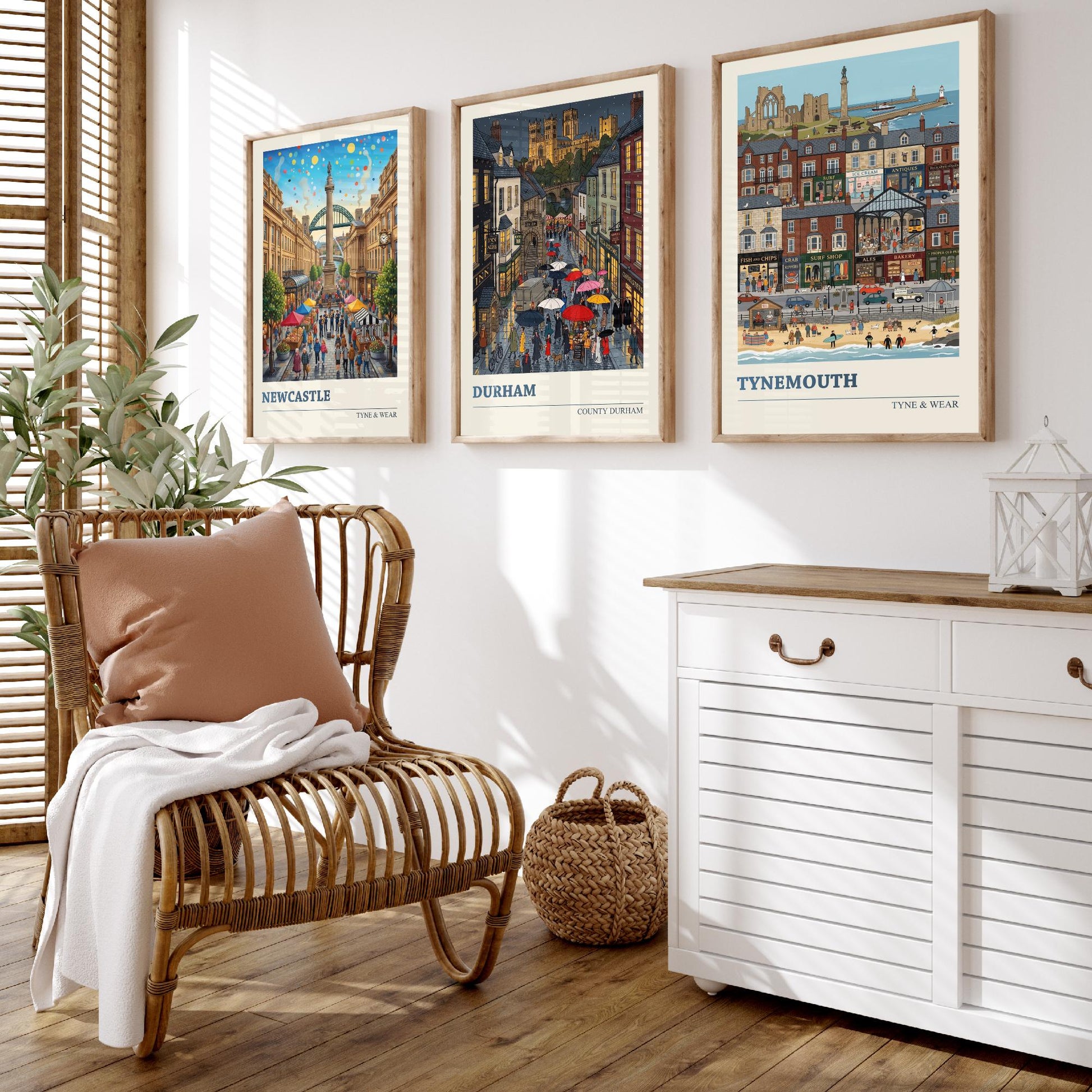 Northumbria Set of Three Art Prints - Newcastle, Durham, Tynemouth - 3 Colourful Folk Illustration Travel Posters - North East Painting