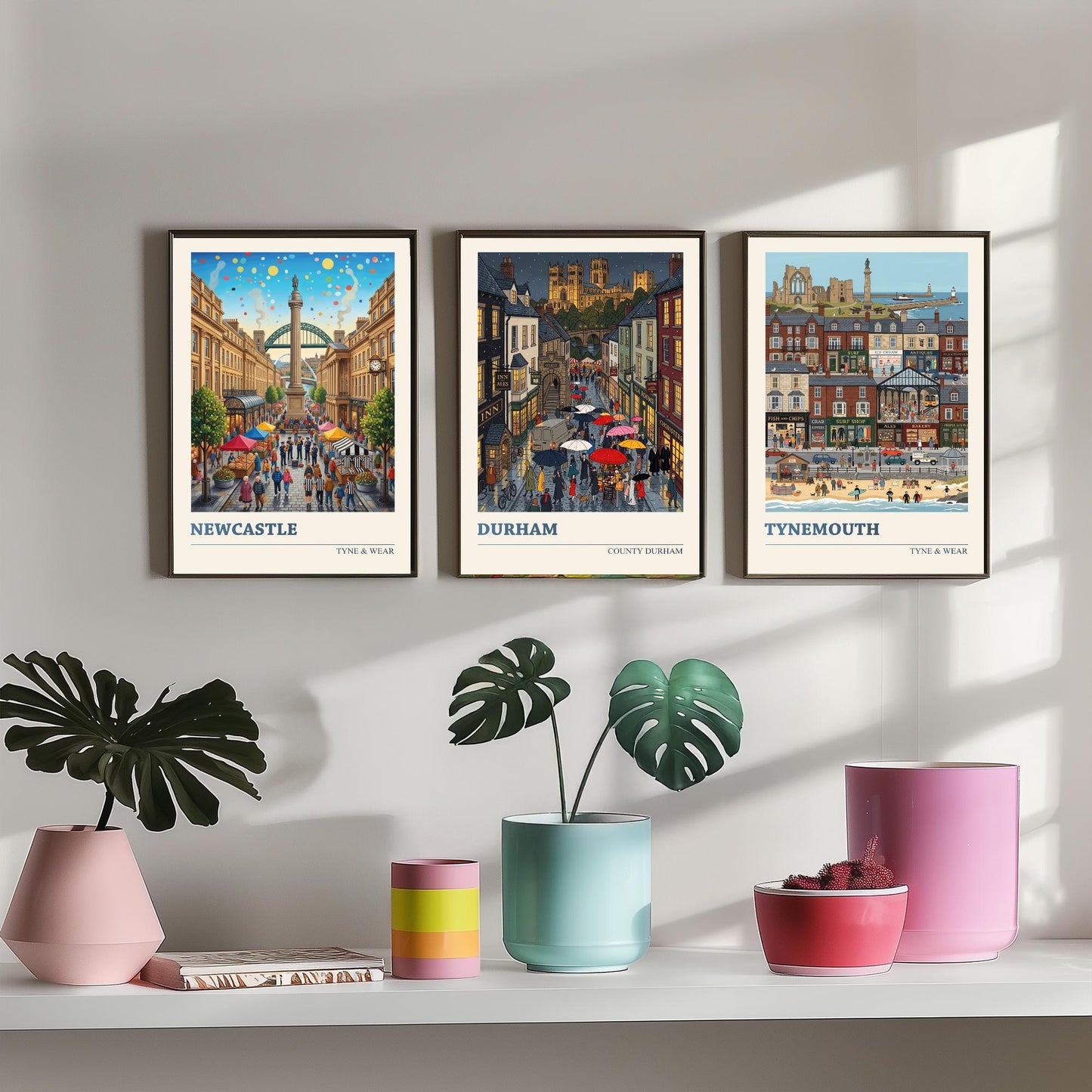 Northumbria Set of Three Art Prints - Newcastle, Durham, Tynemouth - 3 Colourful Folk Illustration Travel Posters - North East Painting