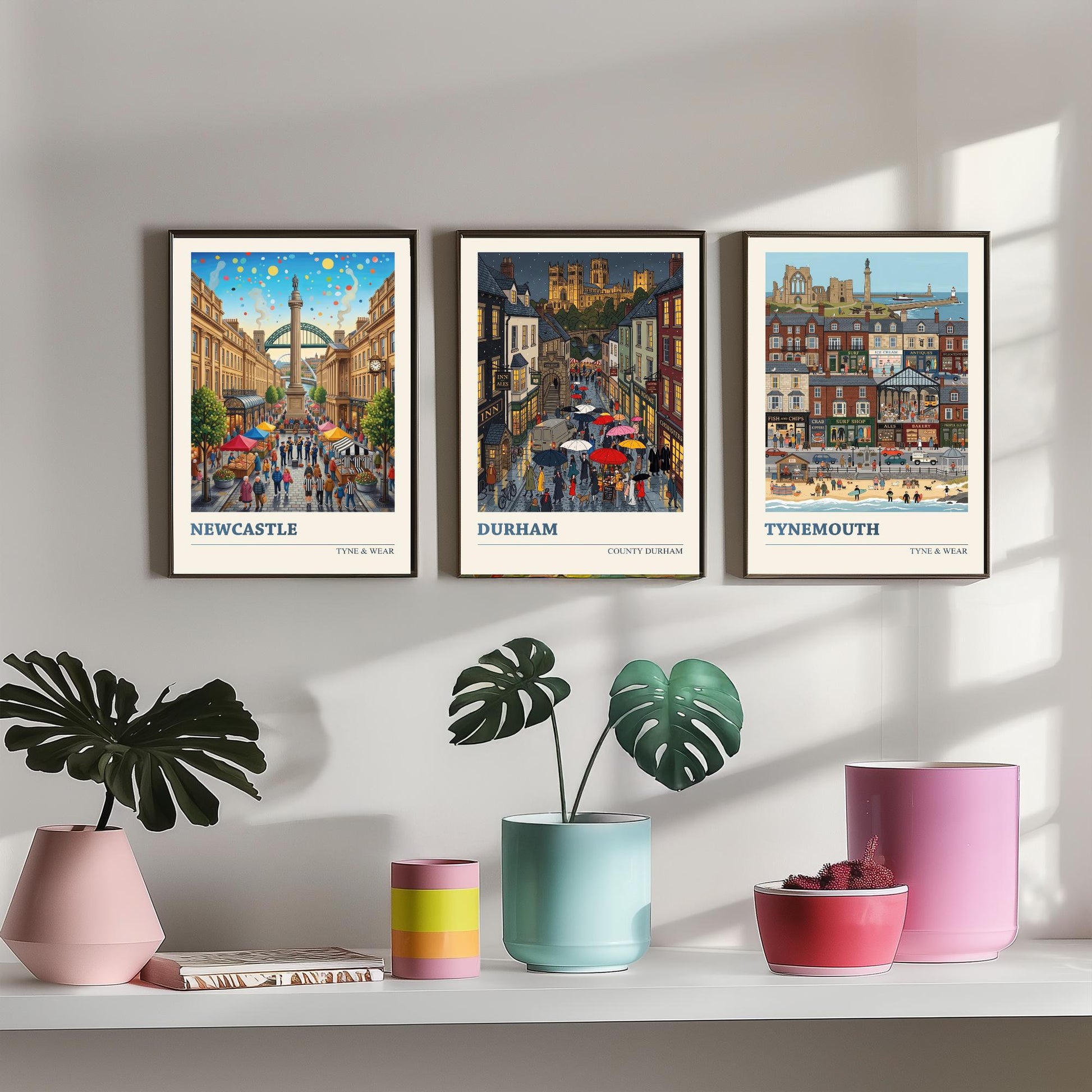 Northumbria Set of Three Art Prints - Newcastle, Durham, Tynemouth - 3 Colourful Folk Illustration Travel Posters - North East Painting