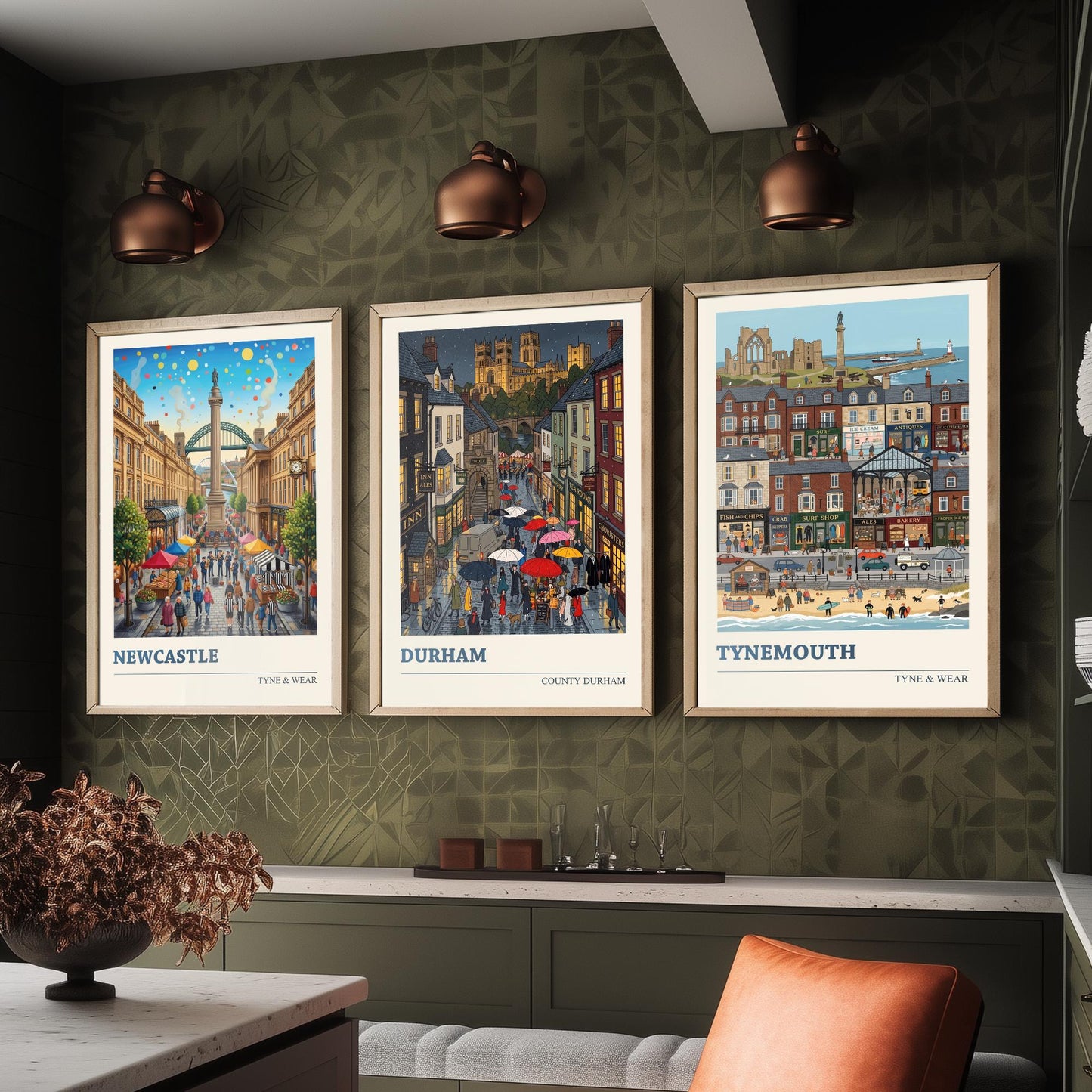 Northumbria Set of Three Art Prints - Newcastle, Durham, Tynemouth - 3 Colourful Folk Illustration Travel Posters - North East Painting