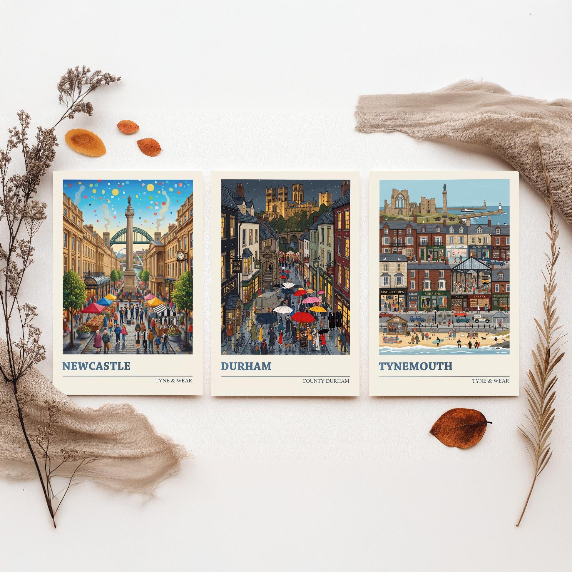 Northumbria Set of Three Art Prints - Newcastle, Durham, Tynemouth - 3 Colourful Folk Illustration Travel Posters - North East Painting