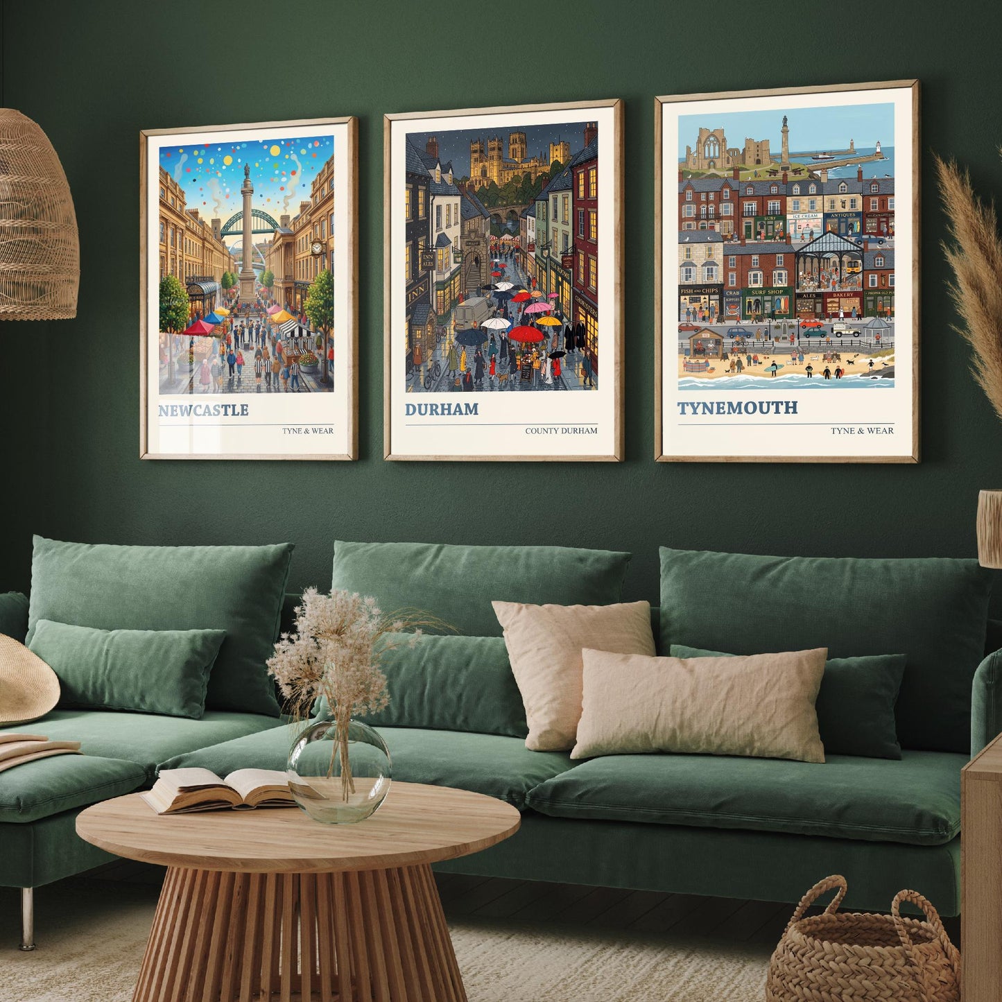 Northumbria Set of Three Art Prints - Newcastle, Durham, Tynemouth - 3 Colourful Folk Illustration Travel Posters - North East Painting