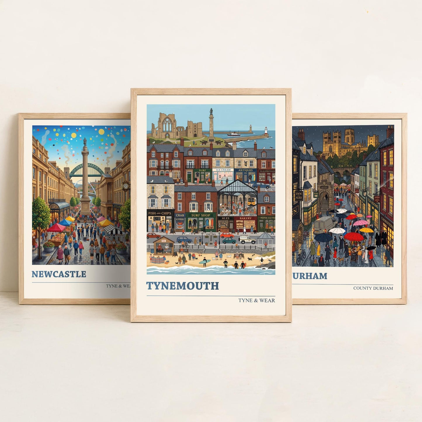Northumbria Set of Three Art Prints - Newcastle, Durham, Tynemouth - 3 Colourful Folk Illustration Travel Posters - North East Painting