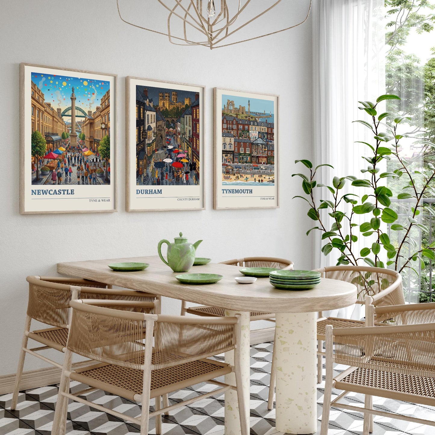 Northumbria Set of Three Art Prints - Newcastle, Durham, Tynemouth - 3 Colourful Folk Illustration Travel Posters - North East Painting