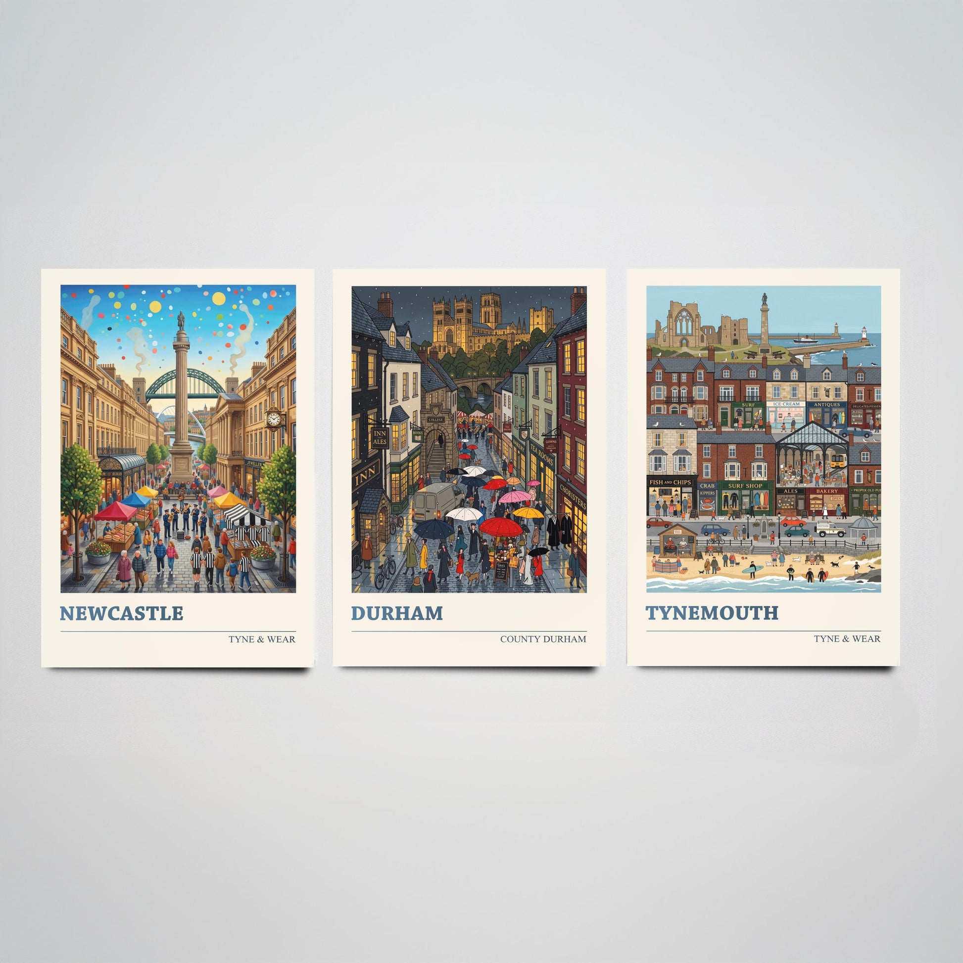 Northumbria Set of Three Art Prints - Newcastle, Durham, Tynemouth - 3 Colourful Folk Illustration Travel Posters - North East Painting