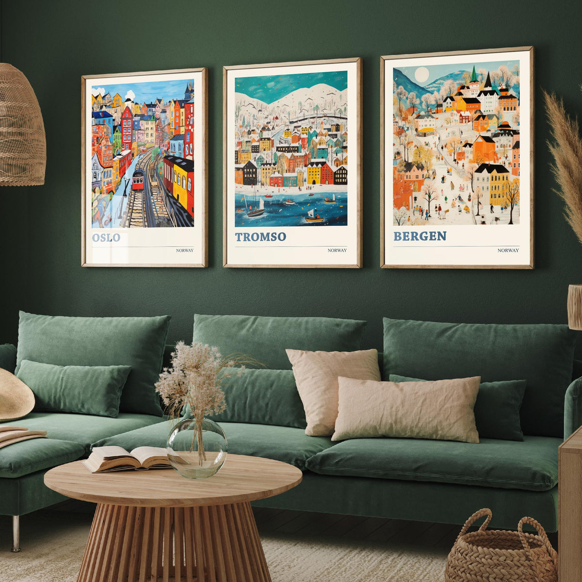 Norway Set of Three Travel Posters - Oslo, Tromso, Bergen - Ludwig Folk Art Prints - Naive Painting
