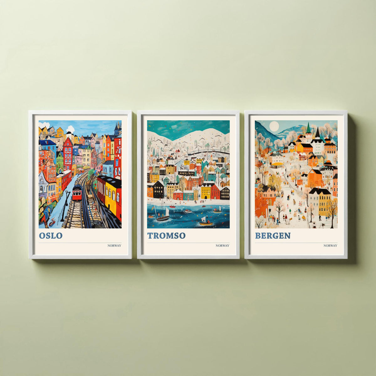 Norway Set of Three Travel Posters - Oslo, Tromso, Bergen - Ludwig Folk Art Prints - Naive Painting