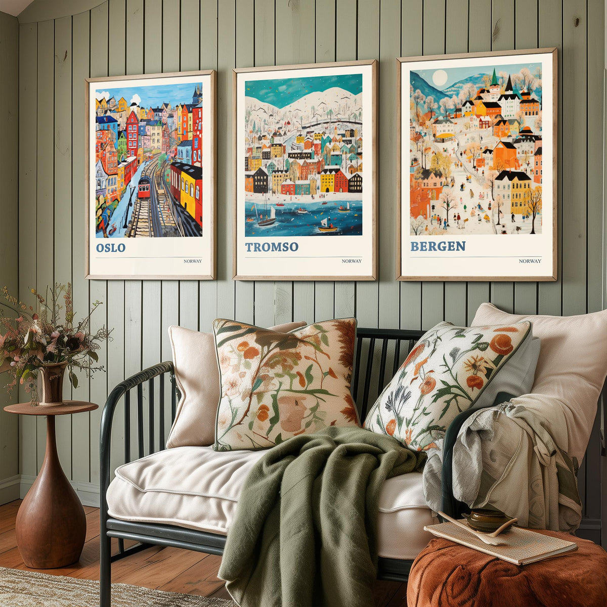 Norway Set of Three Travel Posters - Oslo, Tromso, Bergen - Ludwig Folk Art Prints - Naive Painting