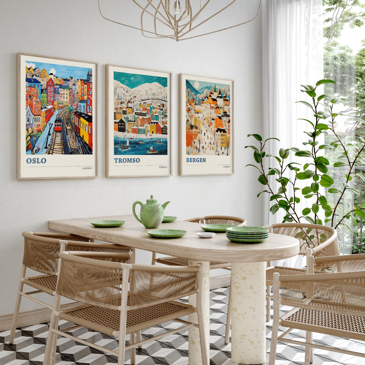 Norway Set of Three Travel Posters - Oslo, Tromso, Bergen - Ludwig Folk Art Prints - Naive Painting
