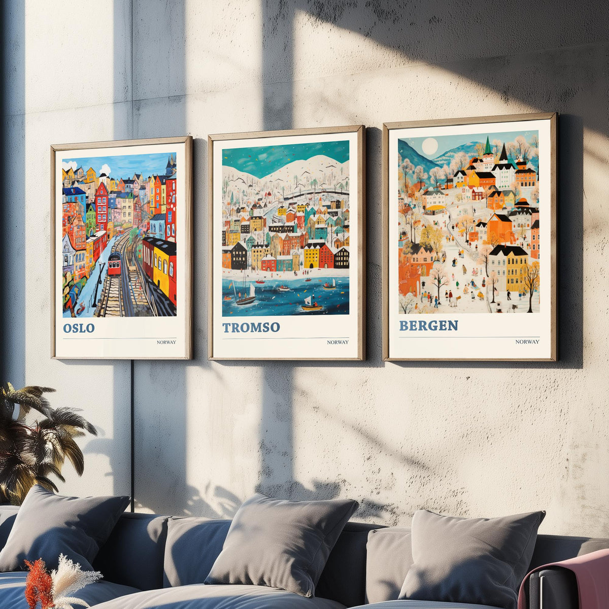 Norway Set of Three Travel Posters - Oslo, Tromso, Bergen - Ludwig Folk Art Prints - Naive Painting