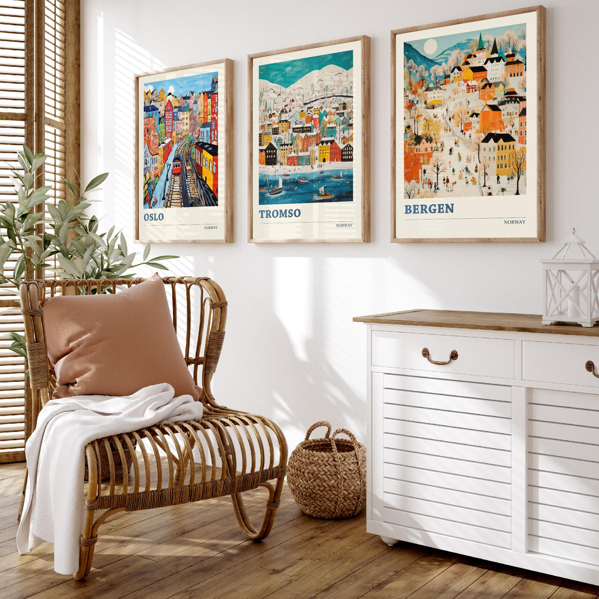 Norway Set of Three Travel Posters - Oslo, Tromso, Bergen - Ludwig Folk Art Prints - Naive Painting