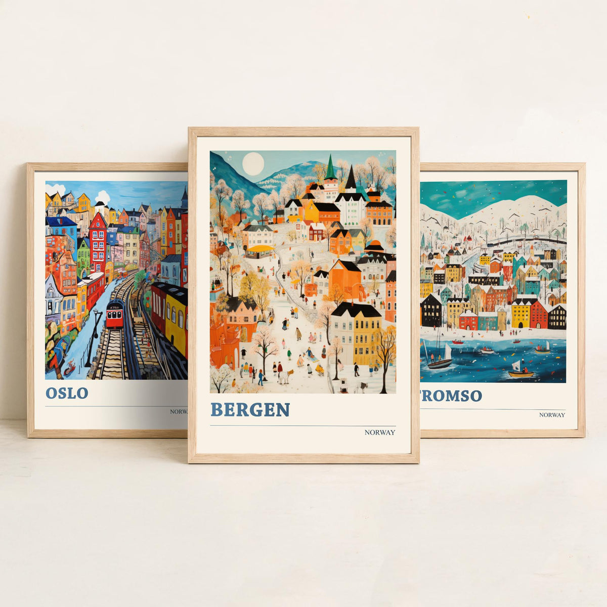 Norway Set of Three Travel Posters - Oslo, Tromso, Bergen - Ludwig Folk Art Prints - Naive Painting
