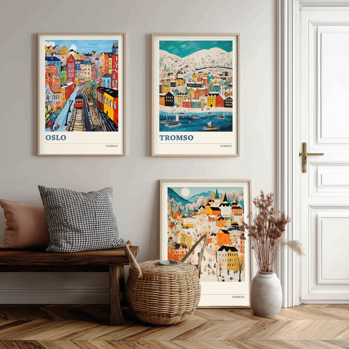 Norway Set of Three Travel Posters - Oslo, Tromso, Bergen - Ludwig Folk Art Prints - Naive Painting