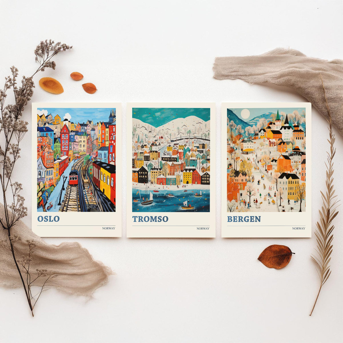 Norway Set of Three Travel Posters - Oslo, Tromso, Bergen - Ludwig Folk Art Prints - Naive Painting