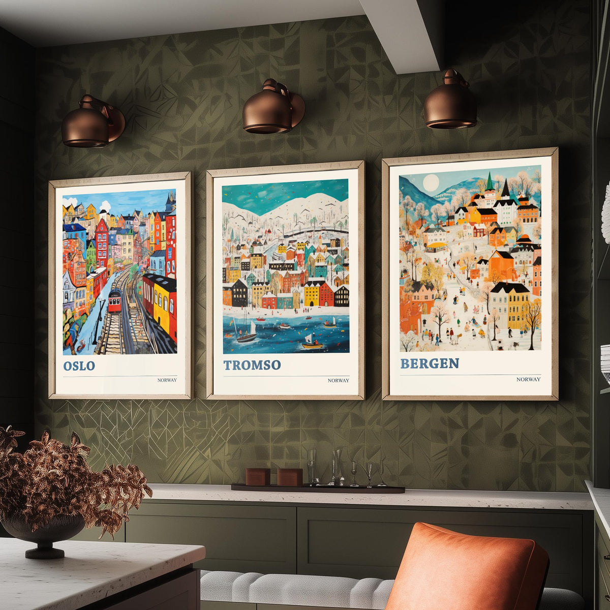 Norway Set of Three Travel Posters - Oslo, Tromso, Bergen - Ludwig Folk Art Prints - Naive Painting