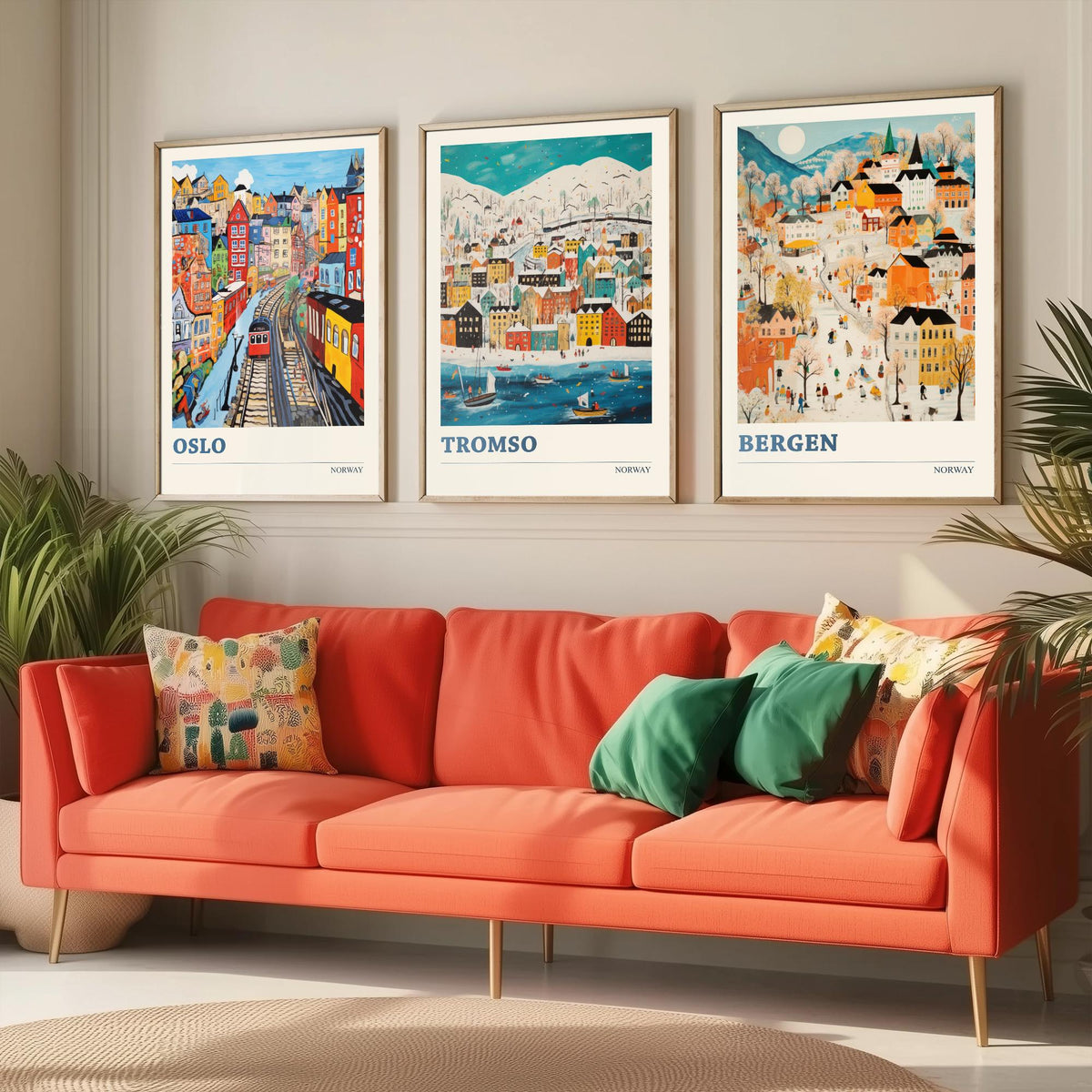 Norway Set of Three Travel Posters - Oslo, Tromso, Bergen - Ludwig Folk Art Prints - Naive Painting