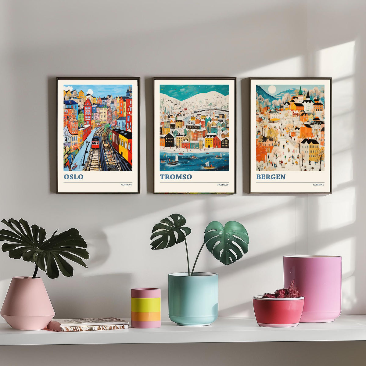 Norway Set of Three Travel Posters - Oslo, Tromso, Bergen - Ludwig Folk Art Prints - Naive Painting