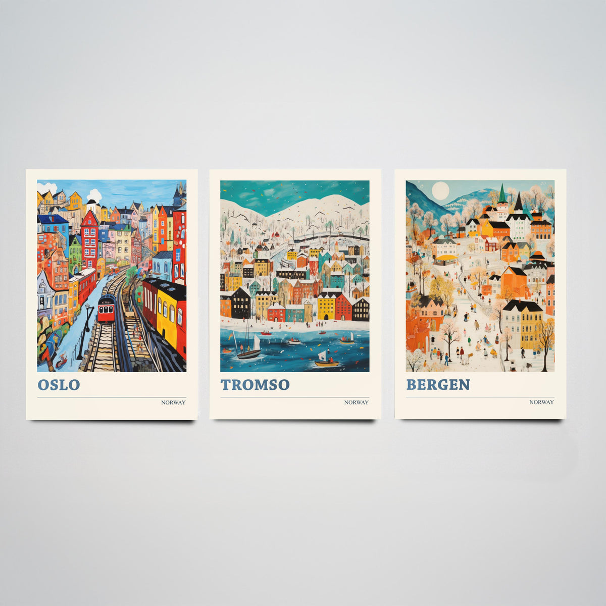 Norway Set of Three Travel Posters - Oslo, Tromso, Bergen - Ludwig Folk Art Prints - Naive Painting