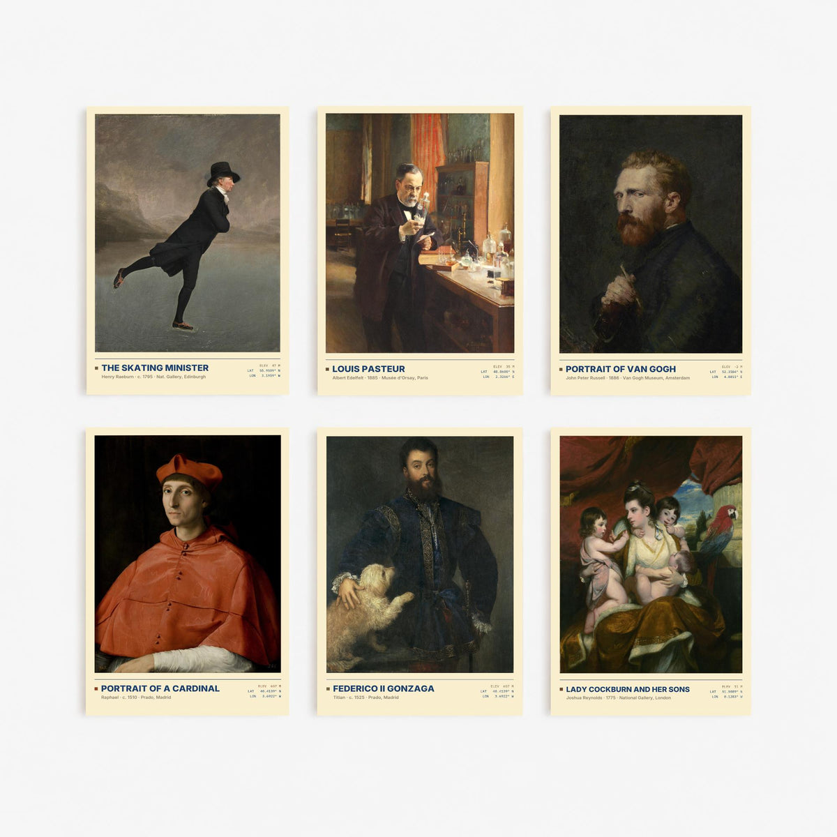 Set of Six Notable Portrait Paintings - 6 Old Master Art Prints - Raeburn, Raphael, Titian, Reynolds - Skating Minister Poster Set