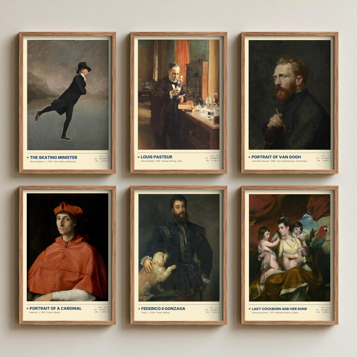 Set of Six Notable Portrait Paintings - 6 Old Master Art Prints - Raeburn, Raphael, Titian, Reynolds - Skating Minister Poster Set