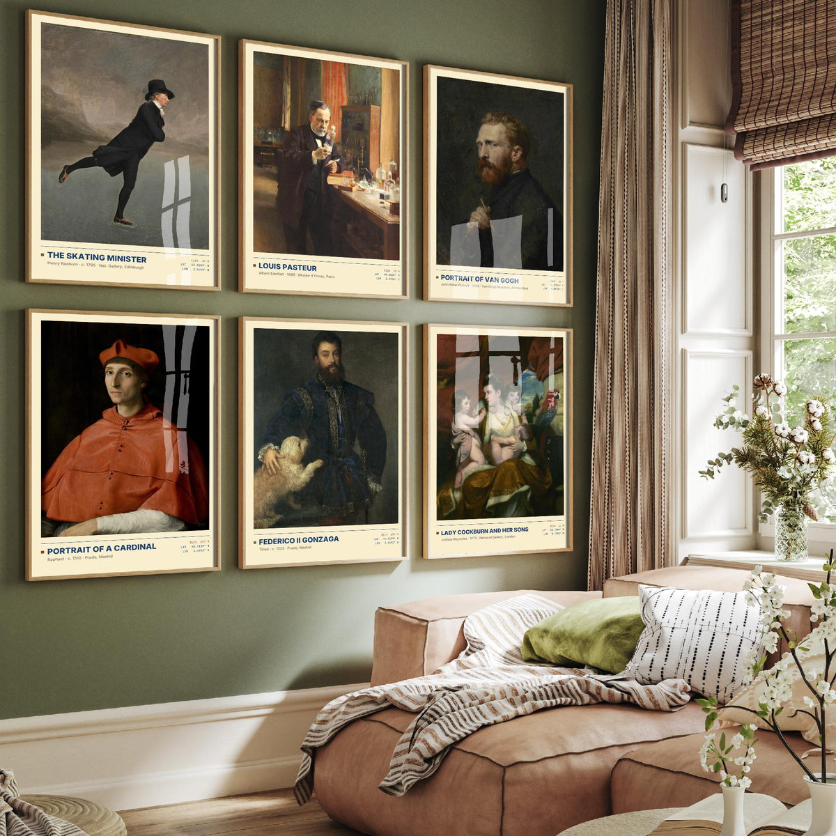 Set of Six Notable Portrait Paintings - 6 Old Master Art Prints - Raeburn, Raphael, Titian, Reynolds - Skating Minister Poster Set