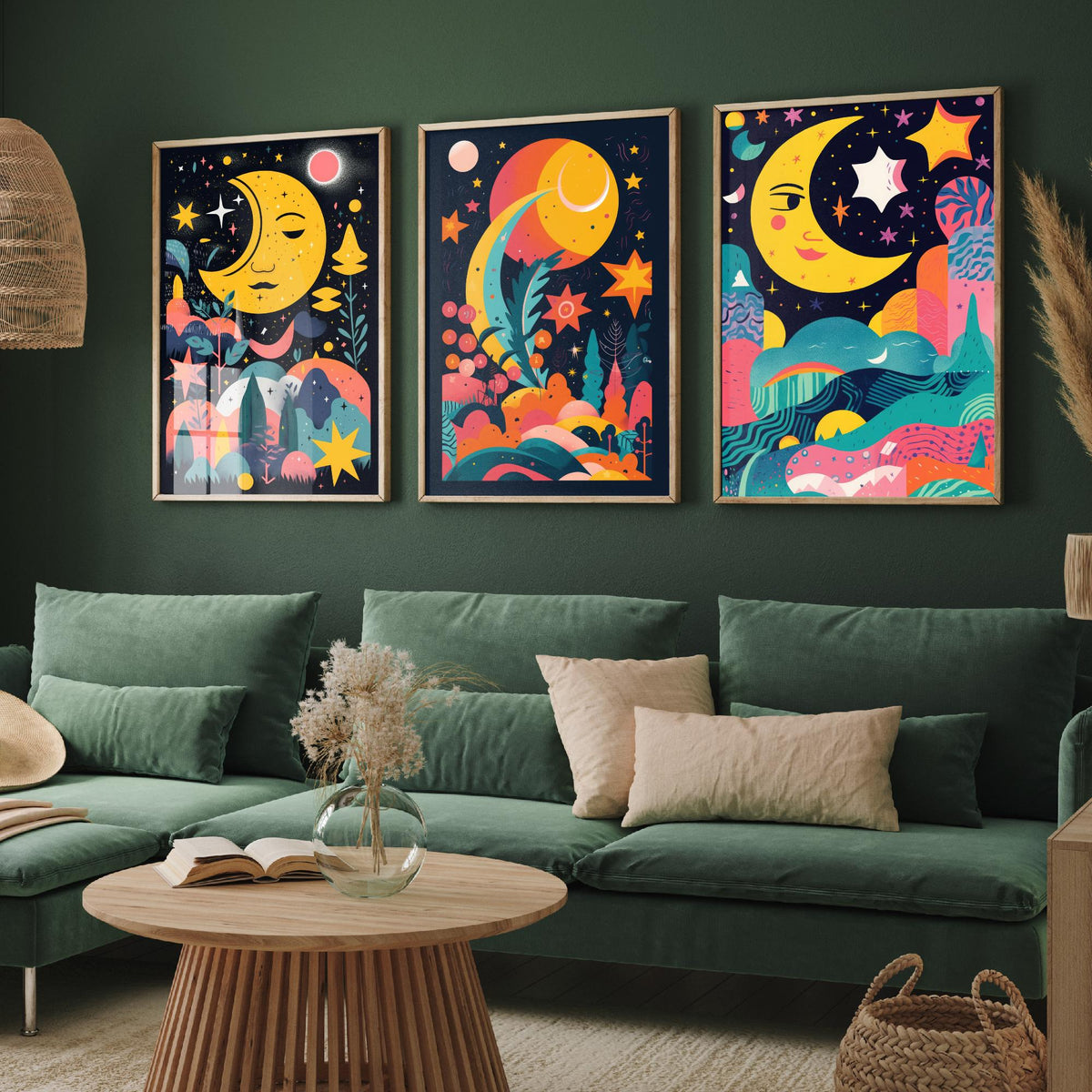 Nursery Moon and Stars Set of Three Art Prints - Smiling Crescent Moons - Bright Folk Poster Illustration