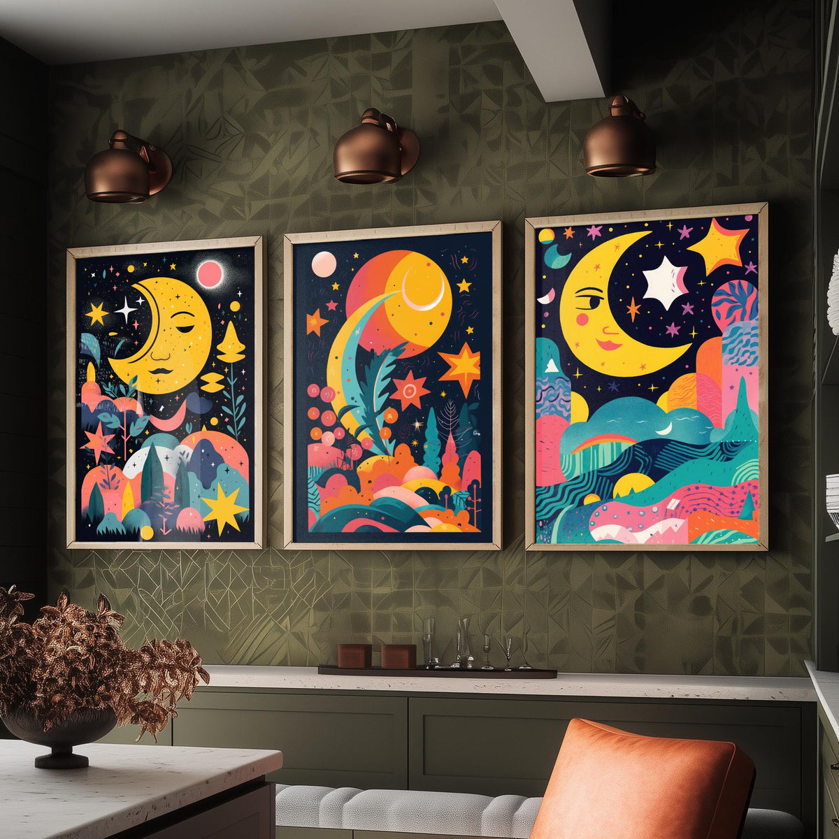 Nursery Moon and Stars Set of Three Art Prints - Smiling Crescent Moons - Bright Folk Poster Illustration