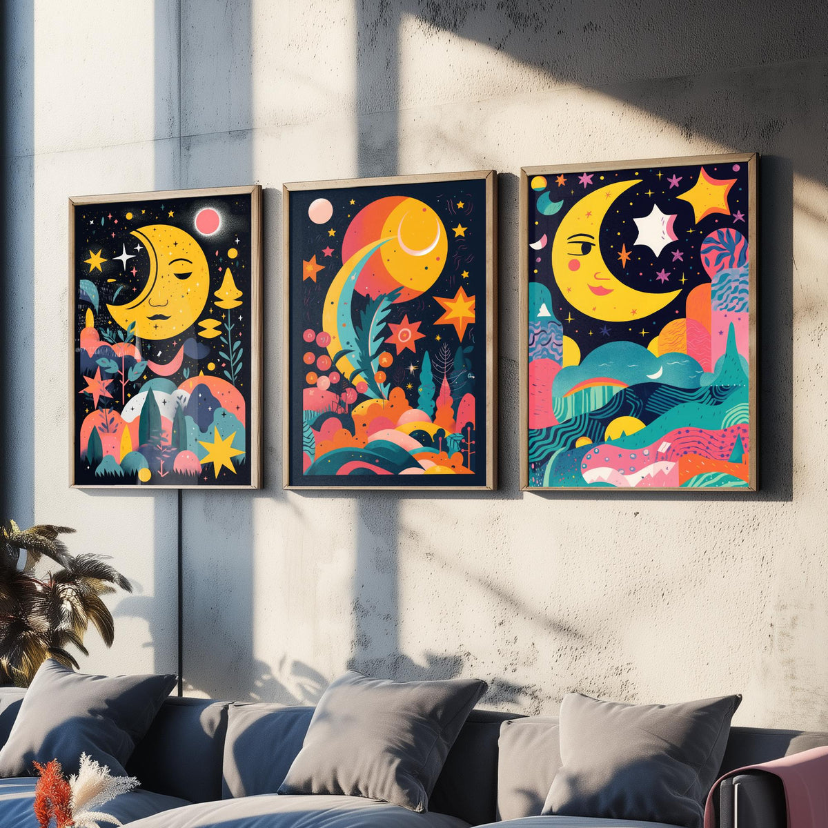 Nursery Moon and Stars Set of Three Art Prints - Smiling Crescent Moons - Bright Folk Poster Illustration