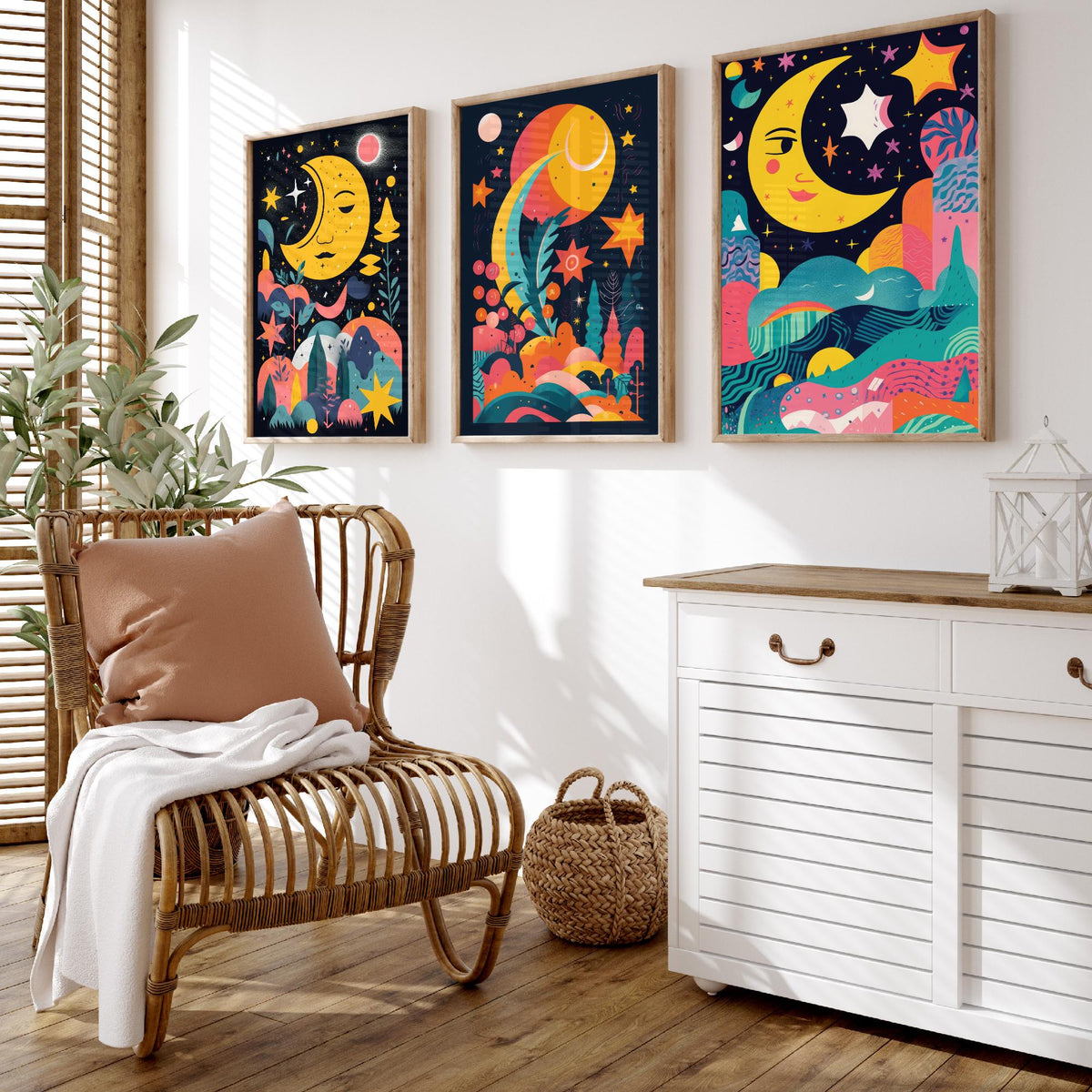 Nursery Moon and Stars Set of Three Art Prints - Smiling Crescent Moons - Bright Folk Poster Illustration