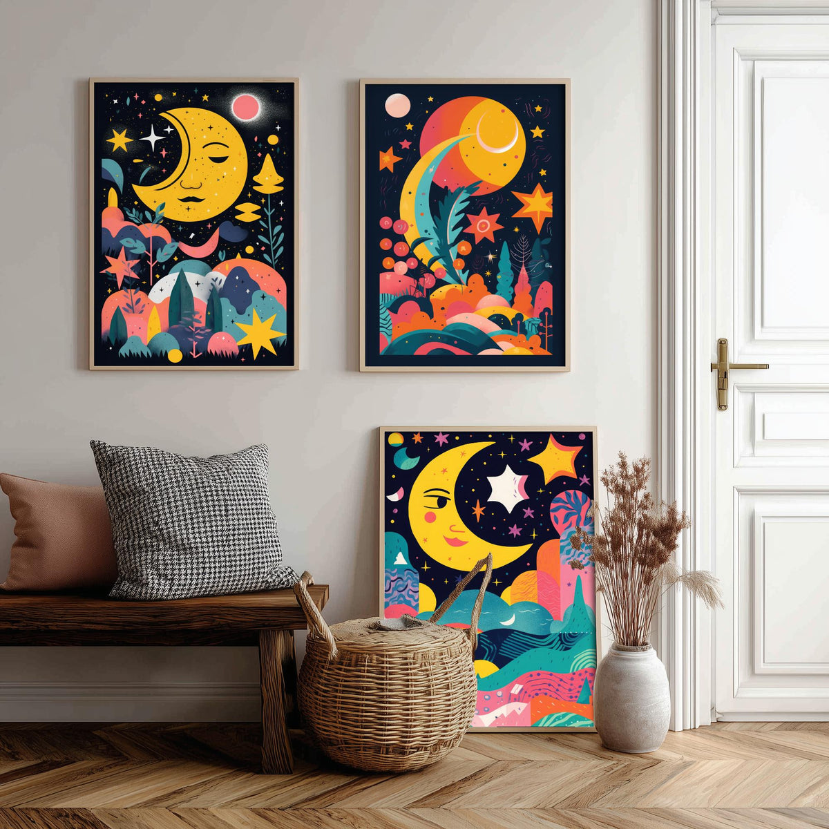 Nursery Moon and Stars Set of Three Art Prints - Smiling Crescent Moons - Bright Folk Poster Illustration