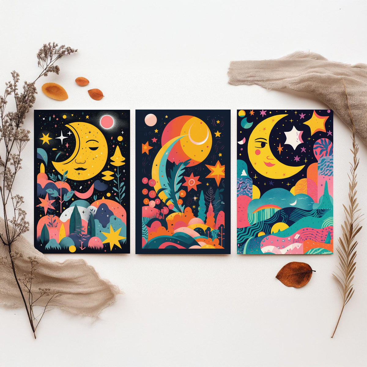 Nursery Moon and Stars Set of Three Art Prints - Smiling Crescent Moons - Bright Folk Poster Illustration