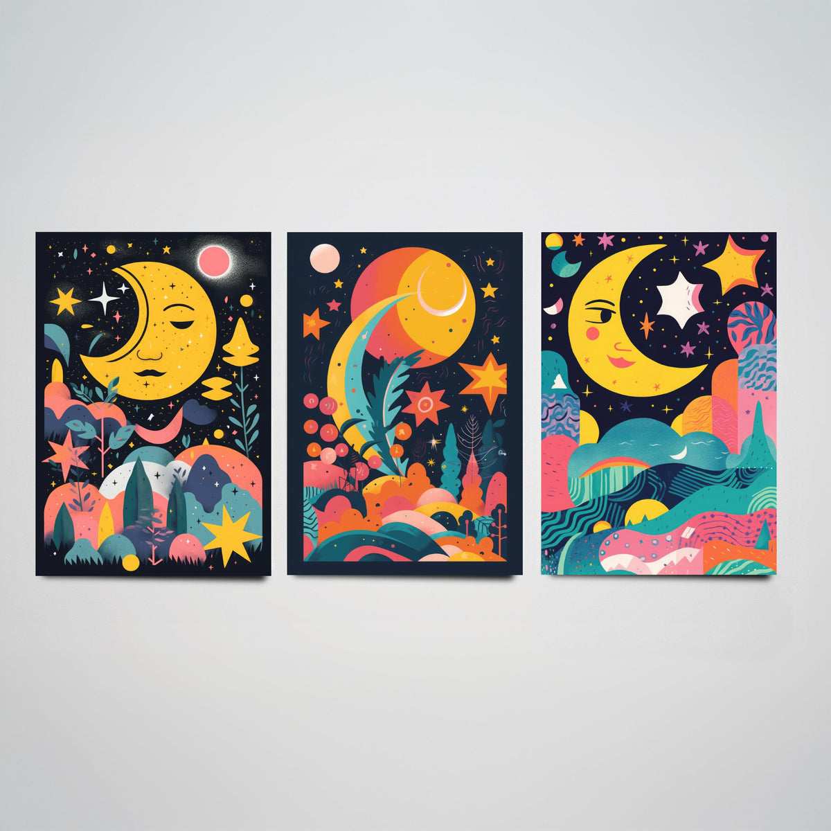 Nursery Moon and Stars Set of Three Art Prints - Smiling Crescent Moons - Bright Folk Poster Illustration