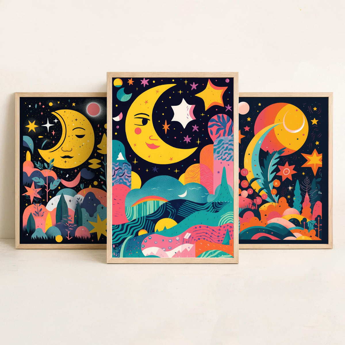Nursery Moon and Stars Set of Three Art Prints - Smiling Crescent Moons - Bright Folk Poster Illustration