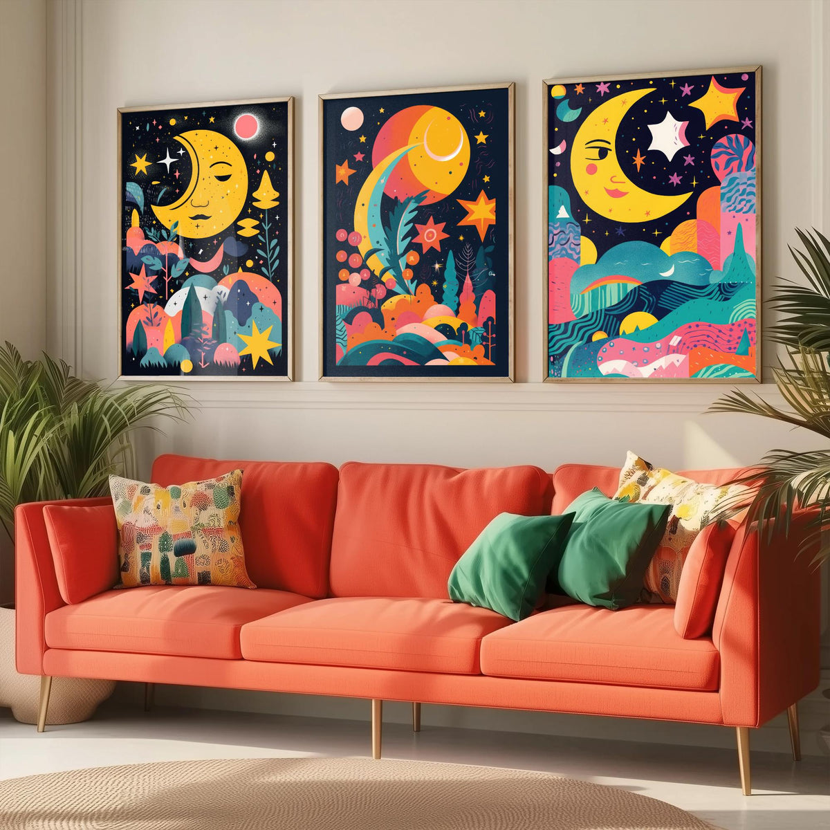 Nursery Moon and Stars Set of Three Art Prints - Smiling Crescent Moons - Bright Folk Poster Illustration