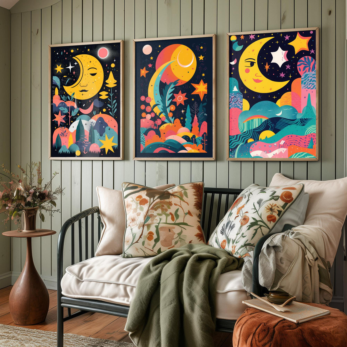 Nursery Moon and Stars Set of Three Art Prints - Smiling Crescent Moons - Bright Folk Poster Illustration