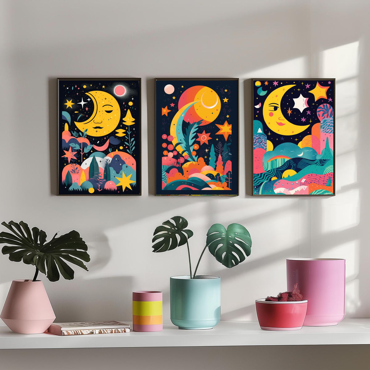 Nursery Moon and Stars Set of Three Art Prints - Smiling Crescent Moons - Bright Folk Poster Illustration