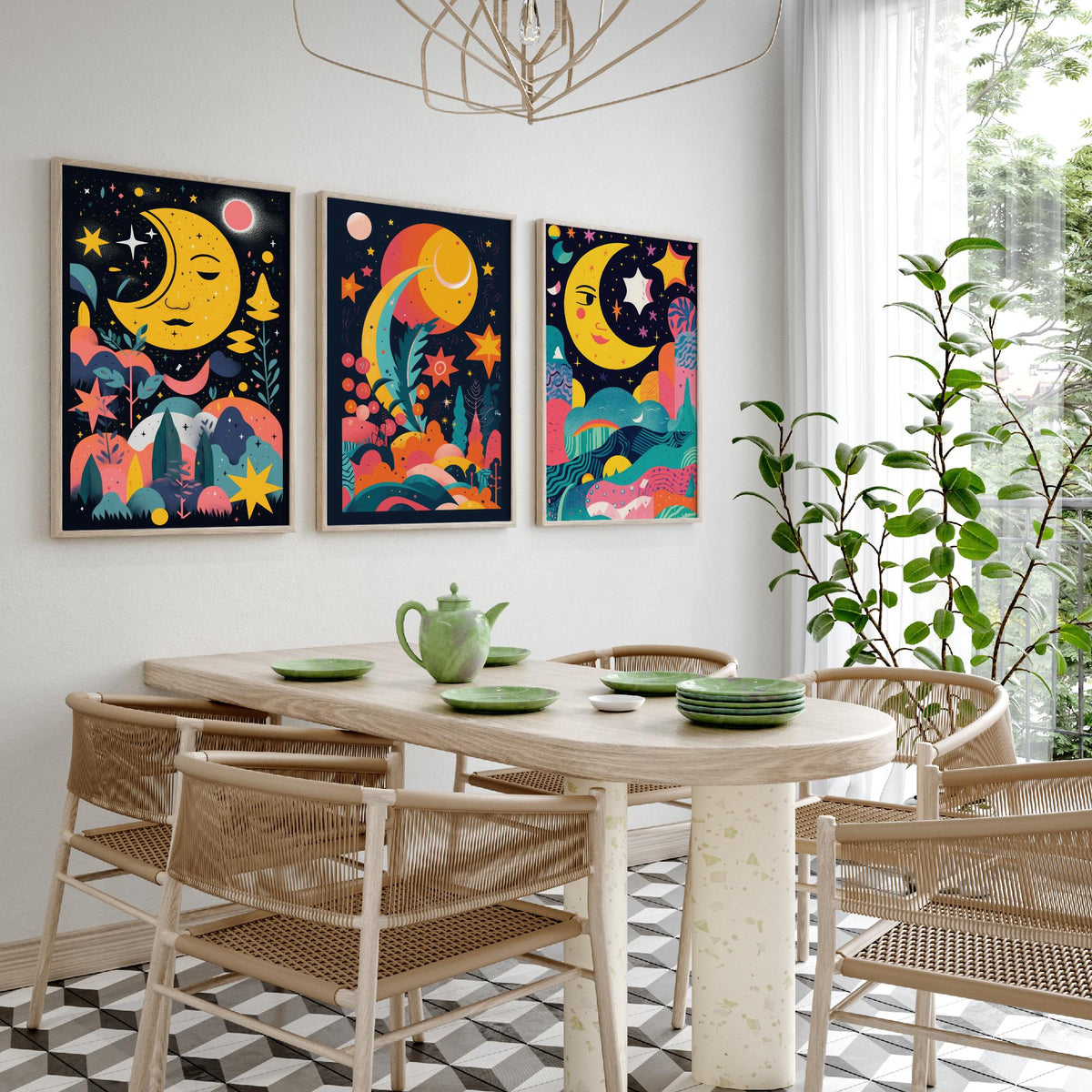 Nursery Moon and Stars Set of Three Art Prints - Smiling Crescent Moons - Bright Folk Poster Illustration