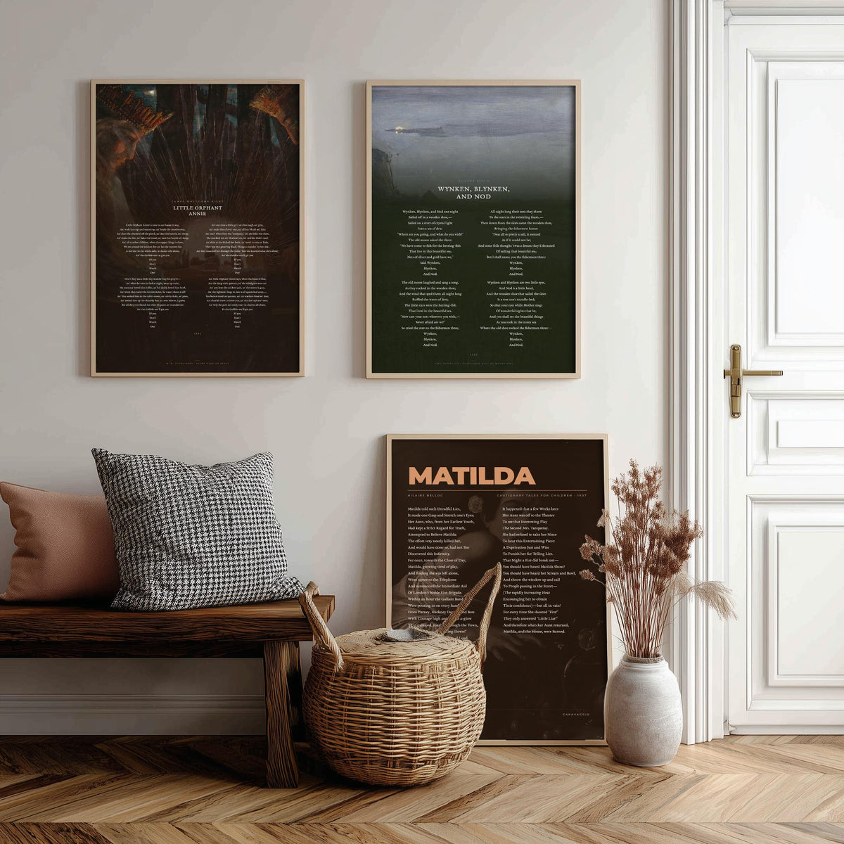 Nursery Poems Set of Three Art Prints - Little Orphant Annie, Wynken Blynken and Nod, Matilda - Full Poems over Classic Paintings Poster