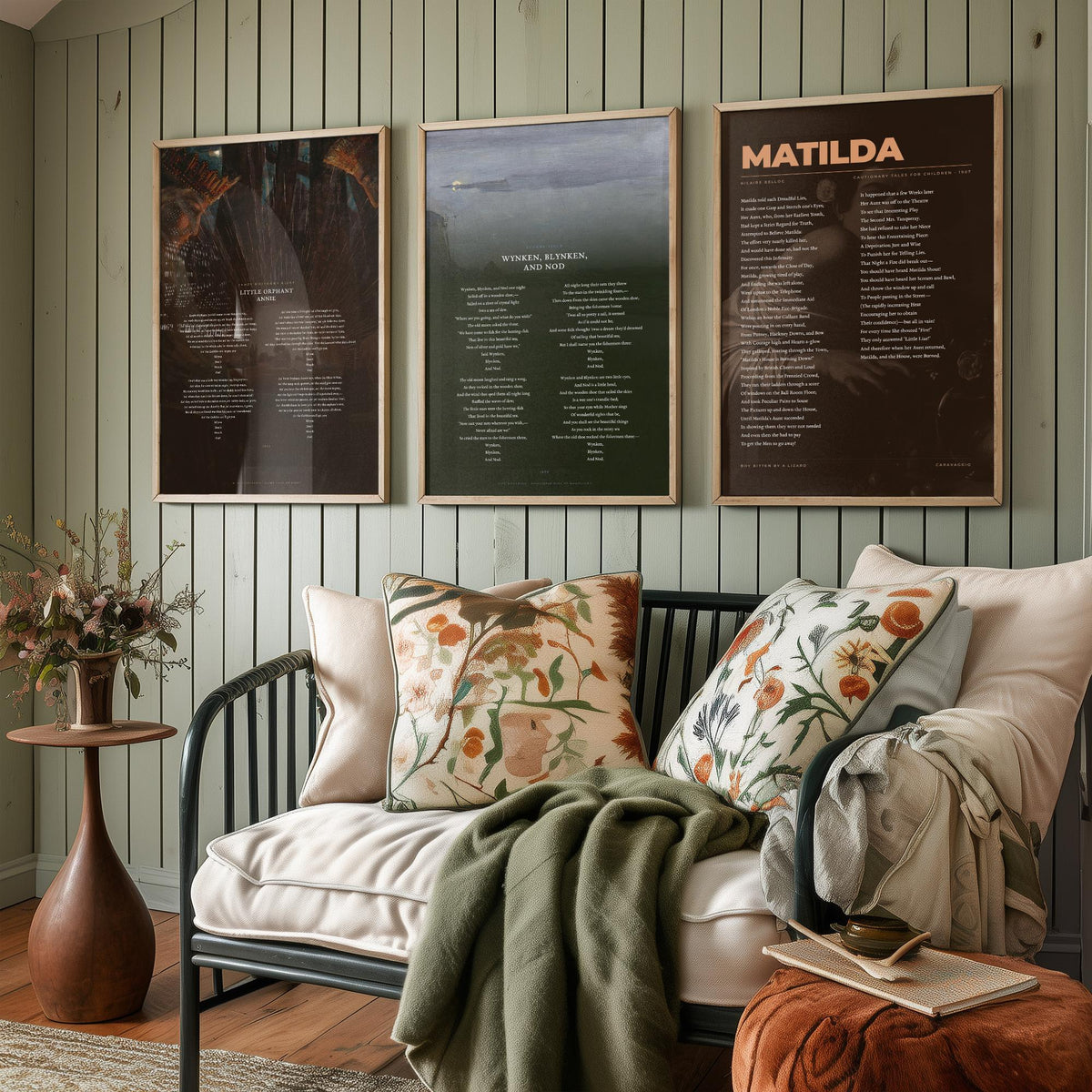 Nursery Poems Set of Three Art Prints - Little Orphant Annie, Wynken Blynken and Nod, Matilda - Full Poems over Classic Paintings Poster