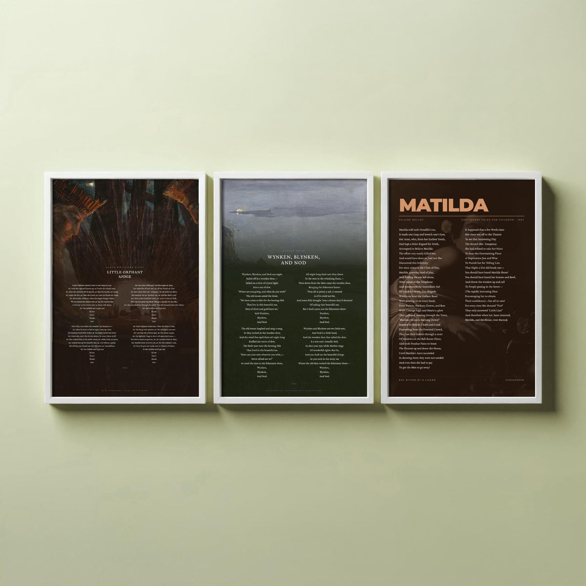 Nursery Poems Set of Three Art Prints - Little Orphant Annie, Wynken Blynken and Nod, Matilda - Full Poems over Classic Paintings Poster