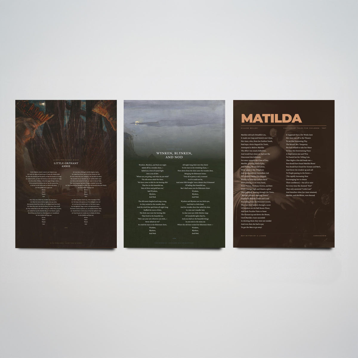 Nursery Poems Set of Three Art Prints - Little Orphant Annie, Wynken Blynken and Nod, Matilda - Full Poems over Classic Paintings Poster
