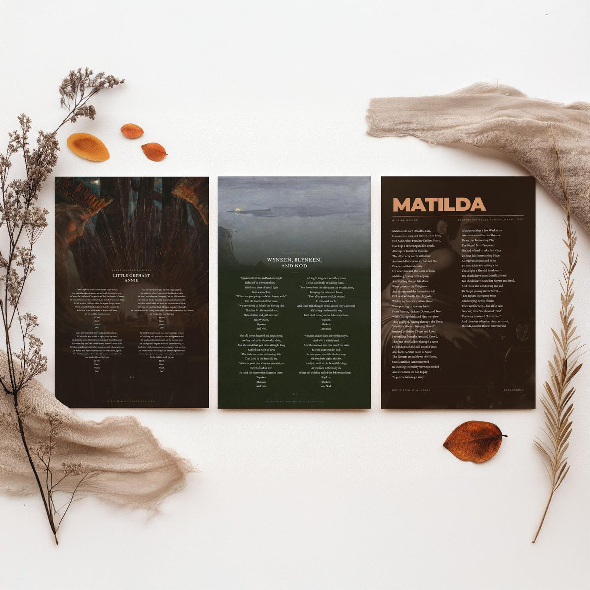 Nursery Poems Set of Three Art Prints - Little Orphant Annie, Wynken Blynken and Nod, Matilda - Full Poems over Classic Paintings Poster